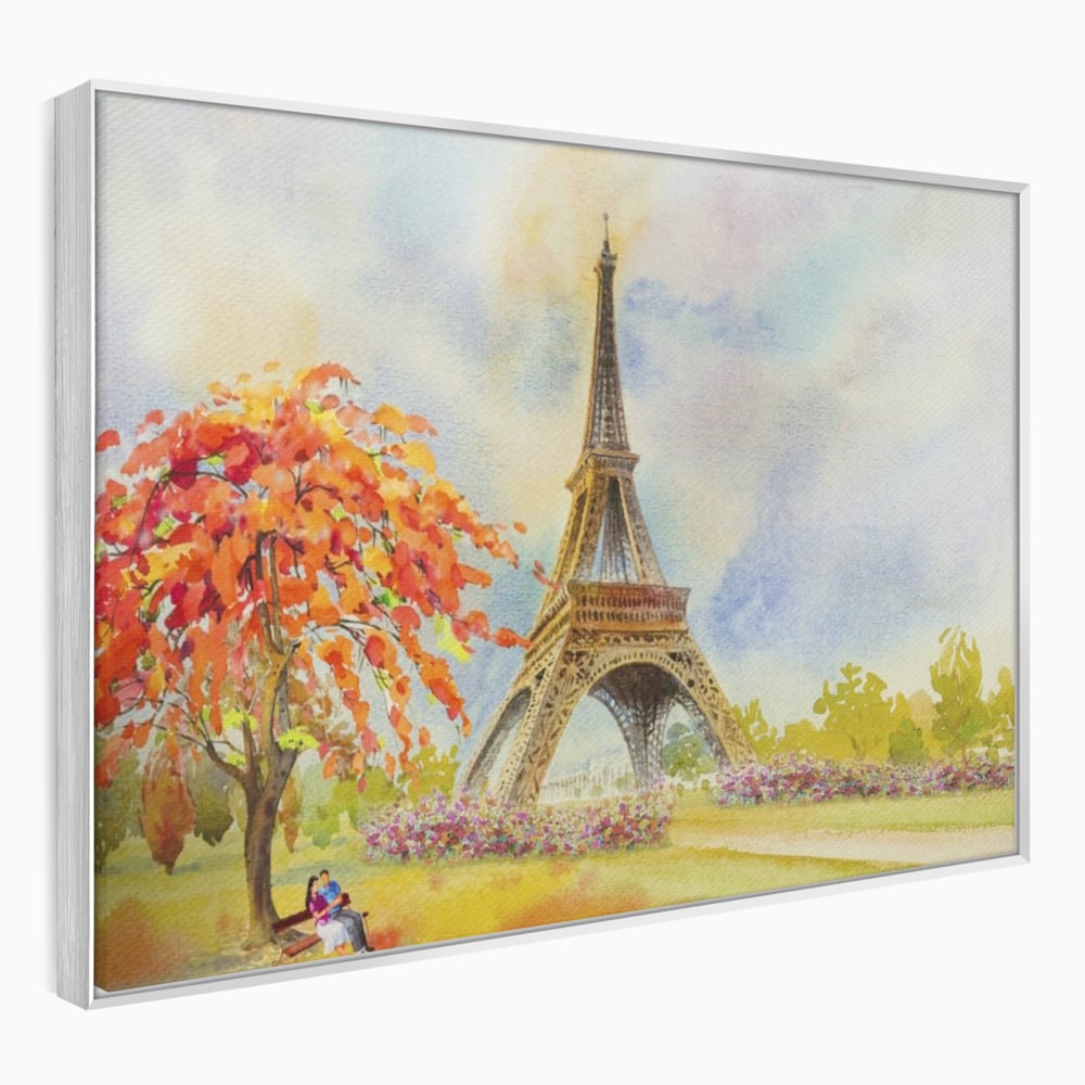 Tablou canvas cu pictura cu turnul eiffel si indragostiti, in rama de aluminiu argintiu